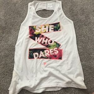 White “she who dares” tank top